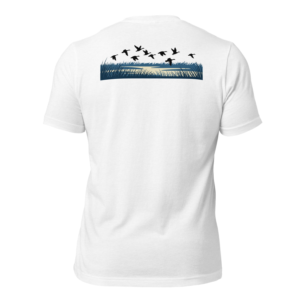 Men's Drift Line Waterfowl Tee in Solid White Blend showing drifting ducks over marsh horizon artwork