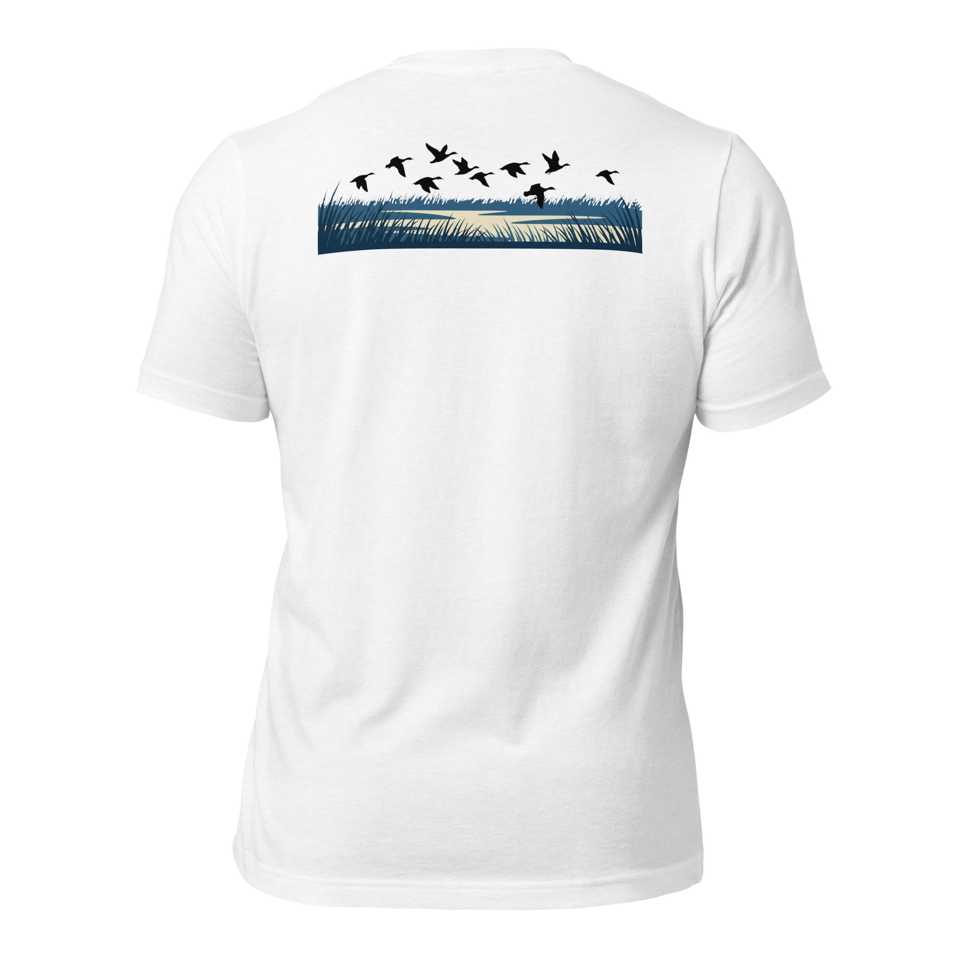Men's Drift Line Waterfowl Tee in Solid White Blend showing drifting ducks over marsh horizon artwork