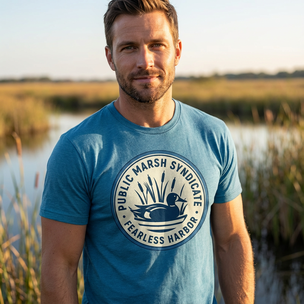 Man outdoors wearing a mens aqua triblend duck hunting shirt with blue wing teal chest emblem