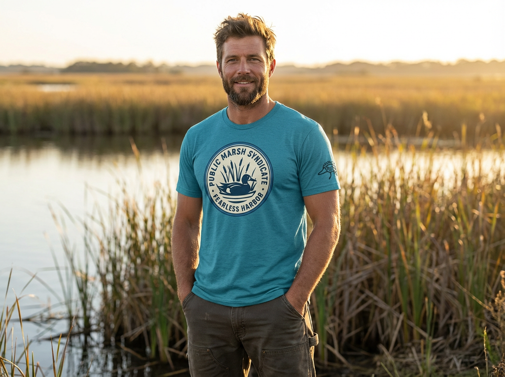 Man outdoors wearing a mens aqua triblend duck hunting tee showing the Public Marsh Syndicate sleeve logo