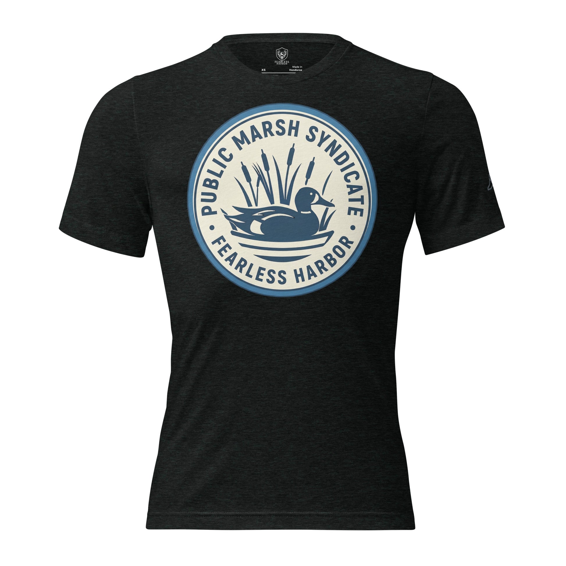 Mens charcoal black duck hunting shirt with Public Marsh Syndicate blue wing teal chest logo