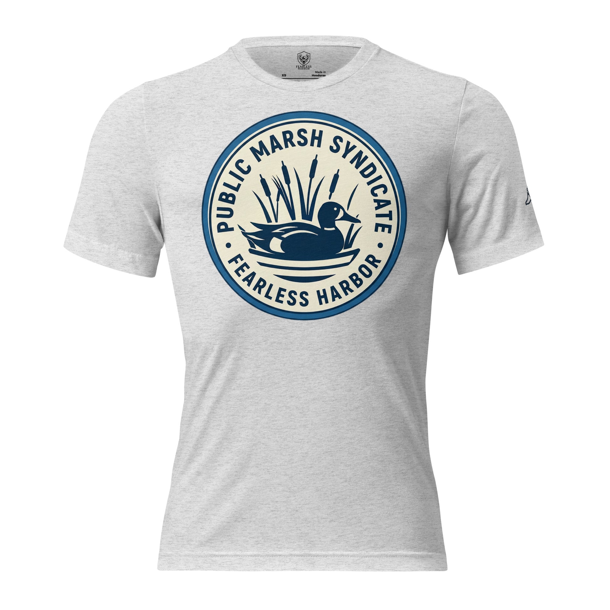 Mens white fleck duck hunting shirt with Public Marsh Syndicate blue wing teal chest logo