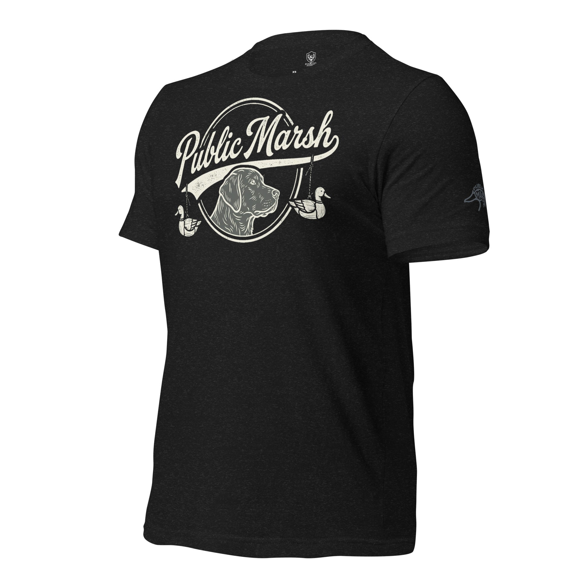 Mens heather black duck hunting tee showing the Public Marsh sleeve emblem