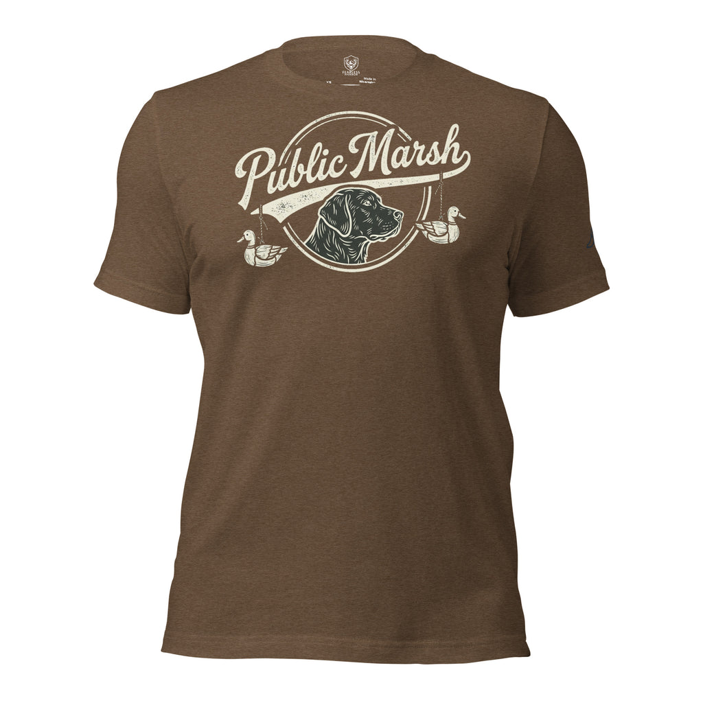 Mens heather brown duck hunting shirt featuring the Public Marsh retriever and duck artwork
