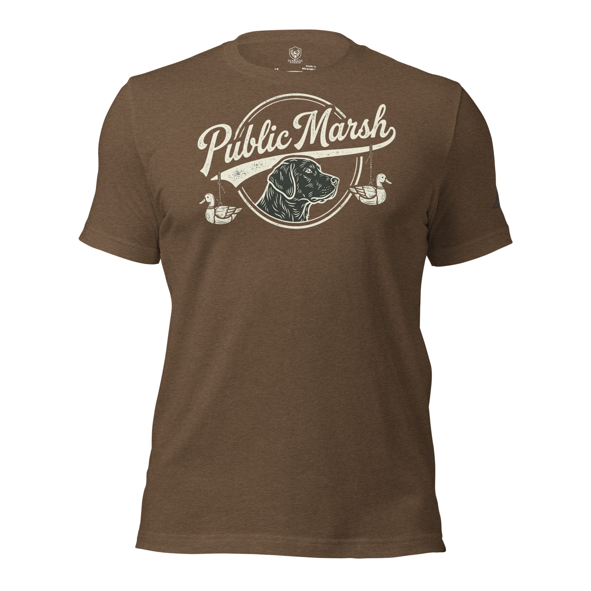 Mens heather brown duck hunting shirt featuring the Public Marsh retriever and duck artwork
