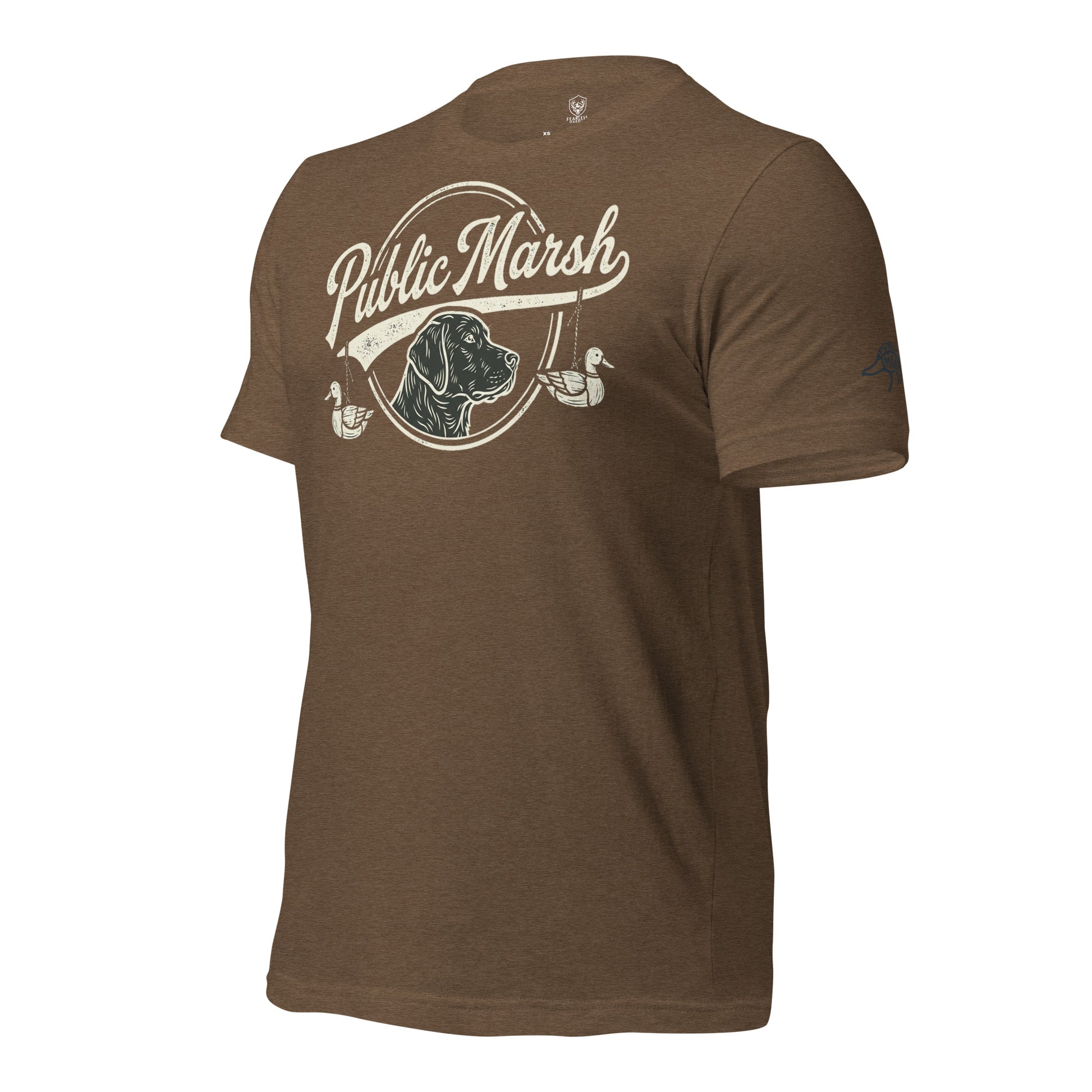 Mens heather brown duck hunting tee showing the Public Marsh sleeve emblem