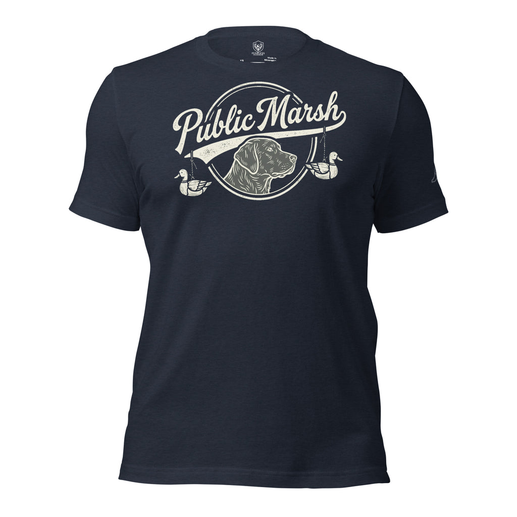Mens heather navy duck hunting shirt with Public Marsh retriever and decoy duck chest graphic