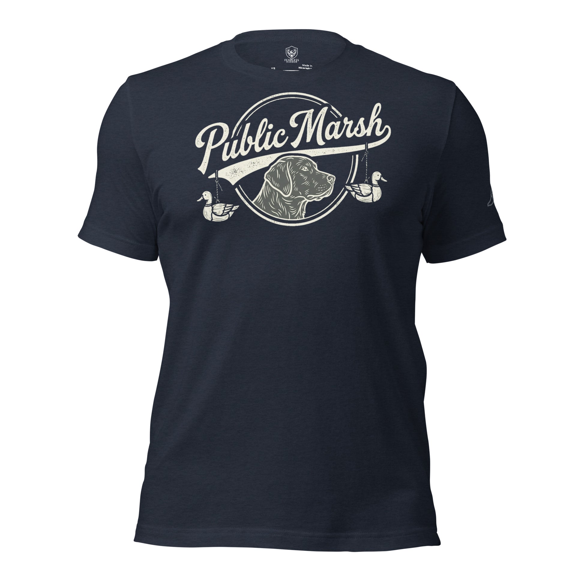 Mens heather navy duck hunting shirt with Public Marsh retriever and decoy duck chest graphic