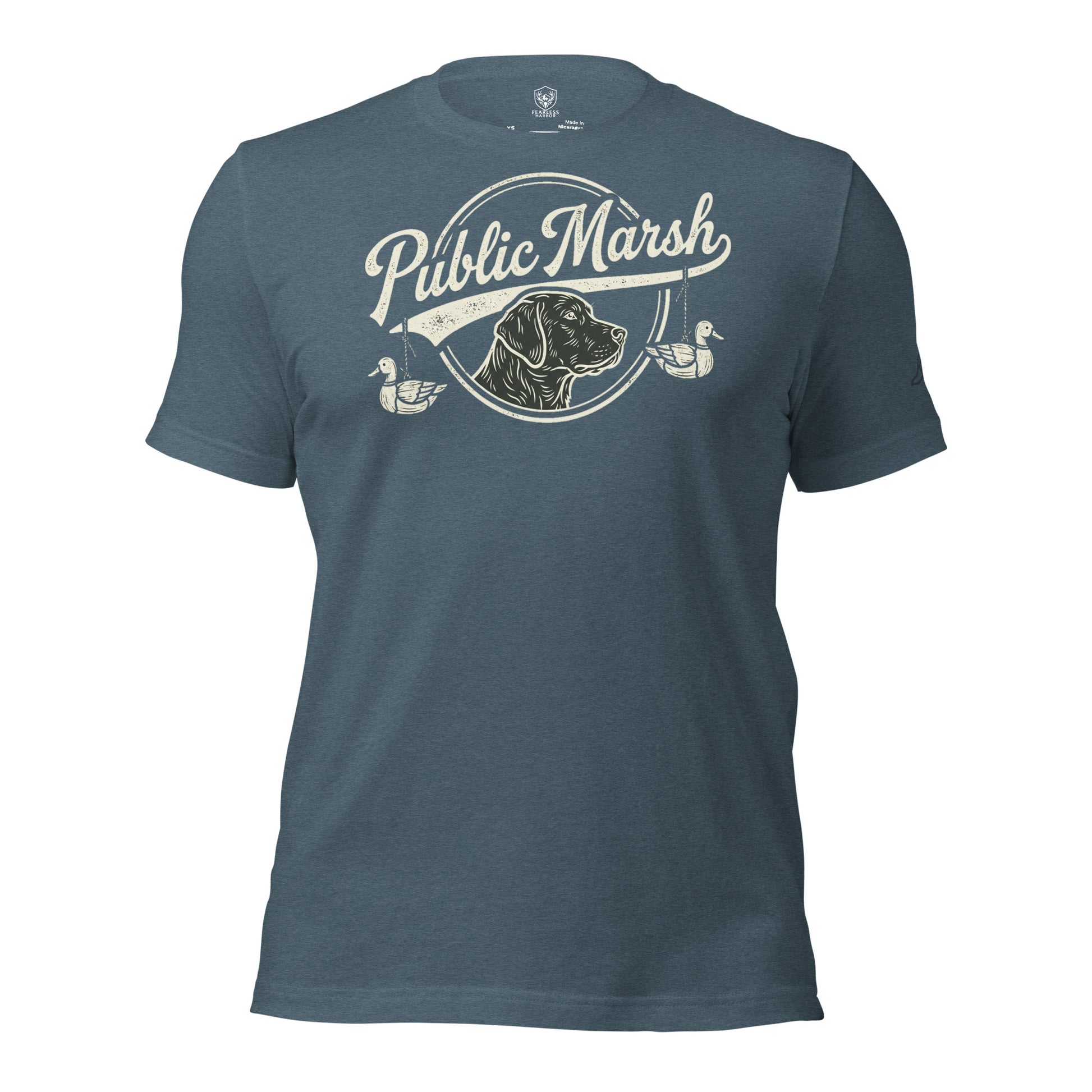 Mens heather slate duck hunting shirt with Public Marsh retriever and duck chest design