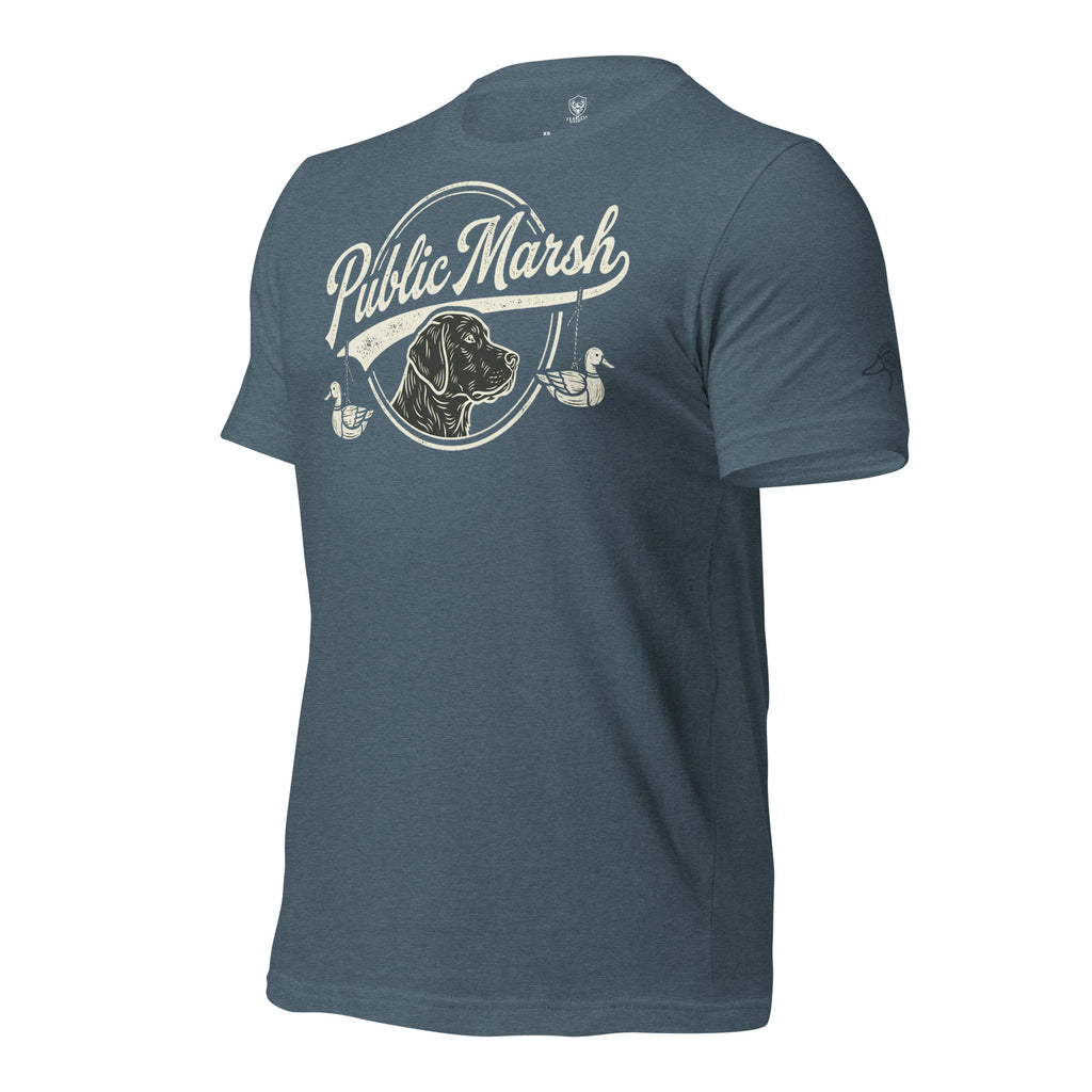 Mens heather slate duck hunting tee showing the Public Marsh sleeve mark
