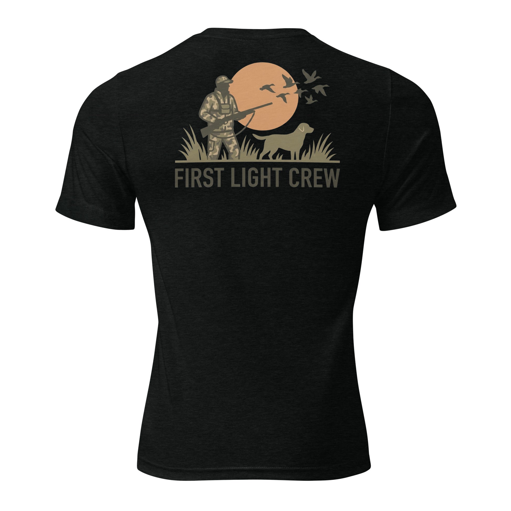 Men's First Light Crew Waterfowl Tee in Solid Black Triblend showing hunter, retriever and flying ducks with First Light Crew text