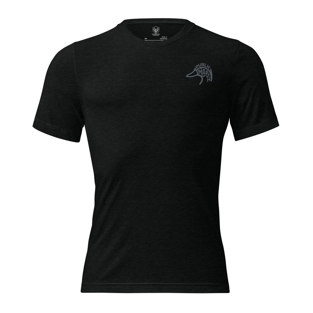 Men's First Light Crew Waterfowl Tee in Solid Black Triblend with Public Marsh chest emblem
