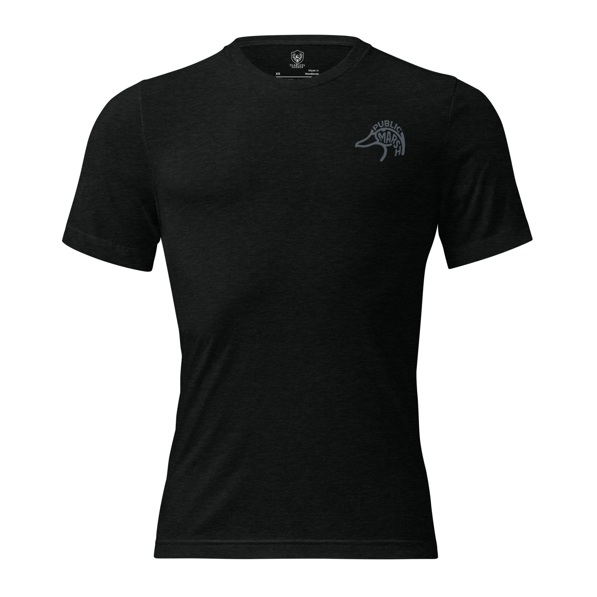 Men's First Light Crew Waterfowl Tee in Solid Black Triblend with Public Marsh chest emblem