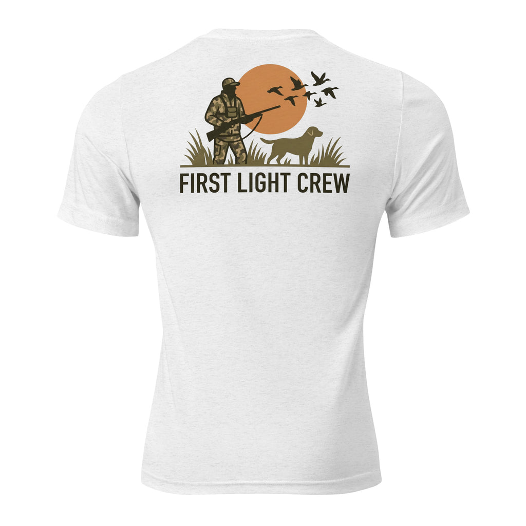 Men's First Light Crew Waterfowl Tee in Solid White showing hunter, retriever and ducks with First Light Crew text