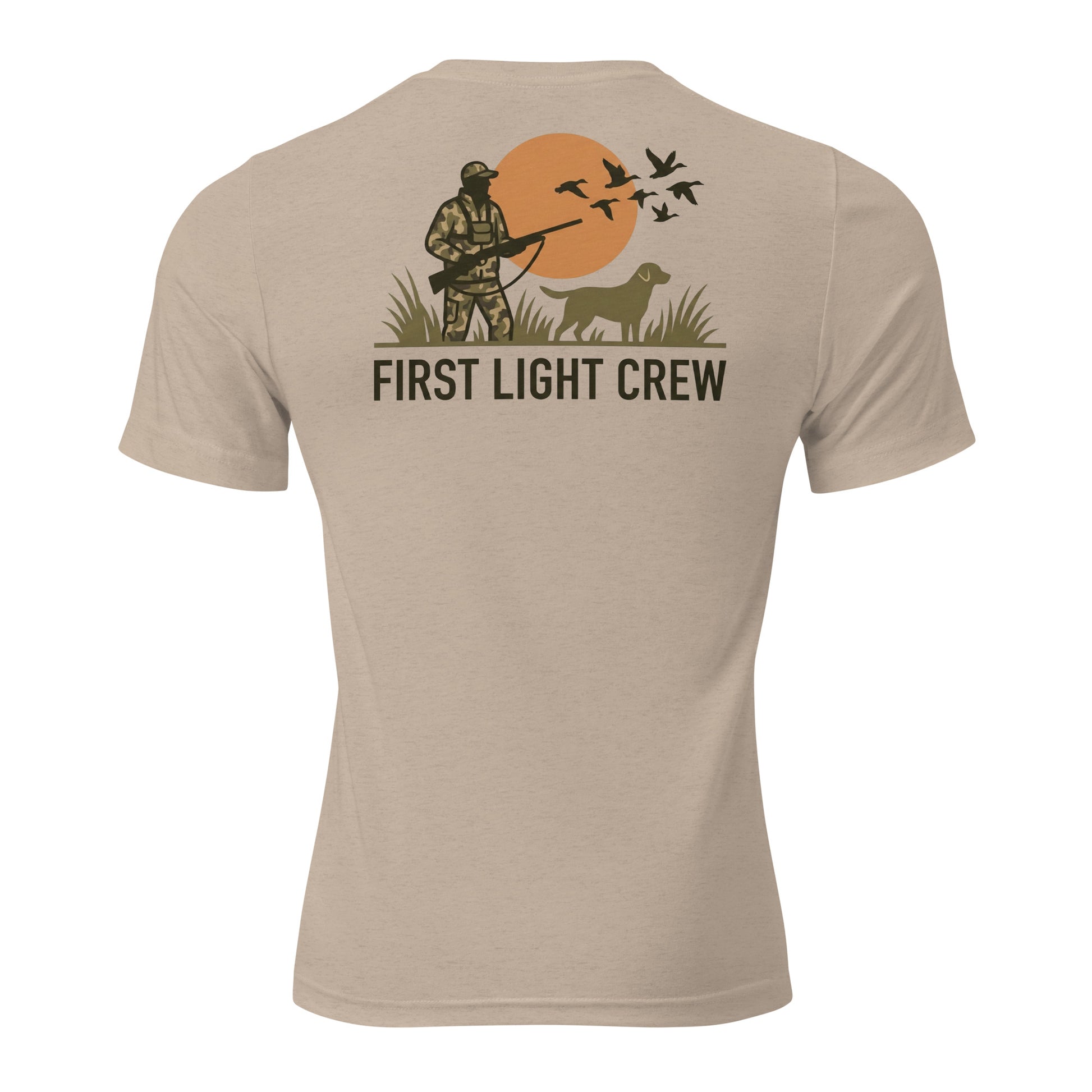Men's First Light Crew Waterfowl Tee in Tan Triblend showing hunter and retriever silhouette with ducks and sunrise