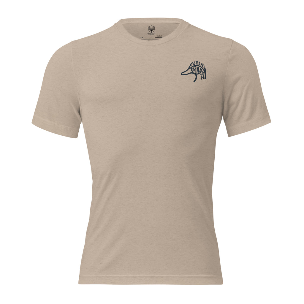 Men's First Light Crew Waterfowl Tee in Tan Triblend with Public Marsh emblem on the chest
