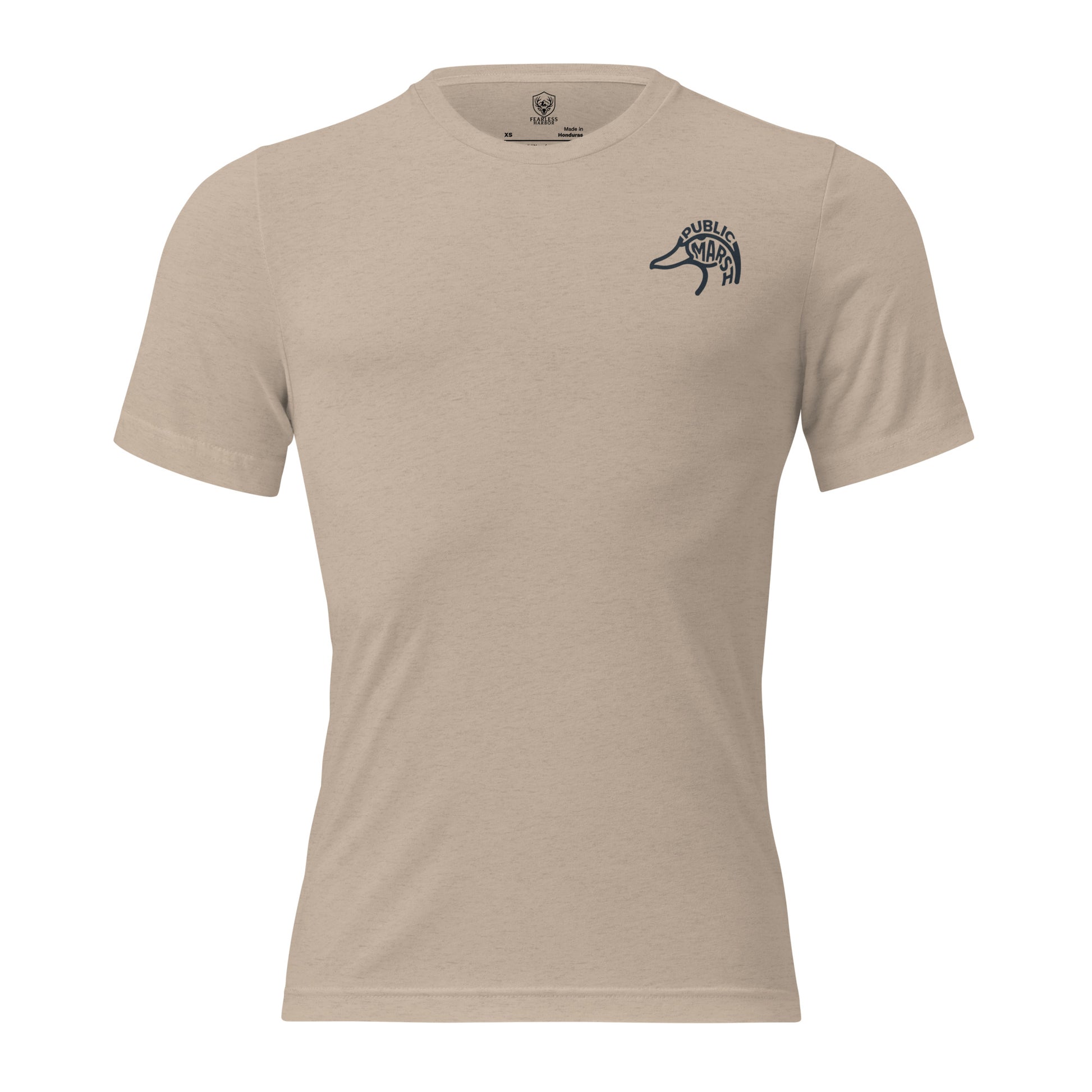 Men's First Light Crew Waterfowl Tee in Tan Triblend with Public Marsh emblem on the chest