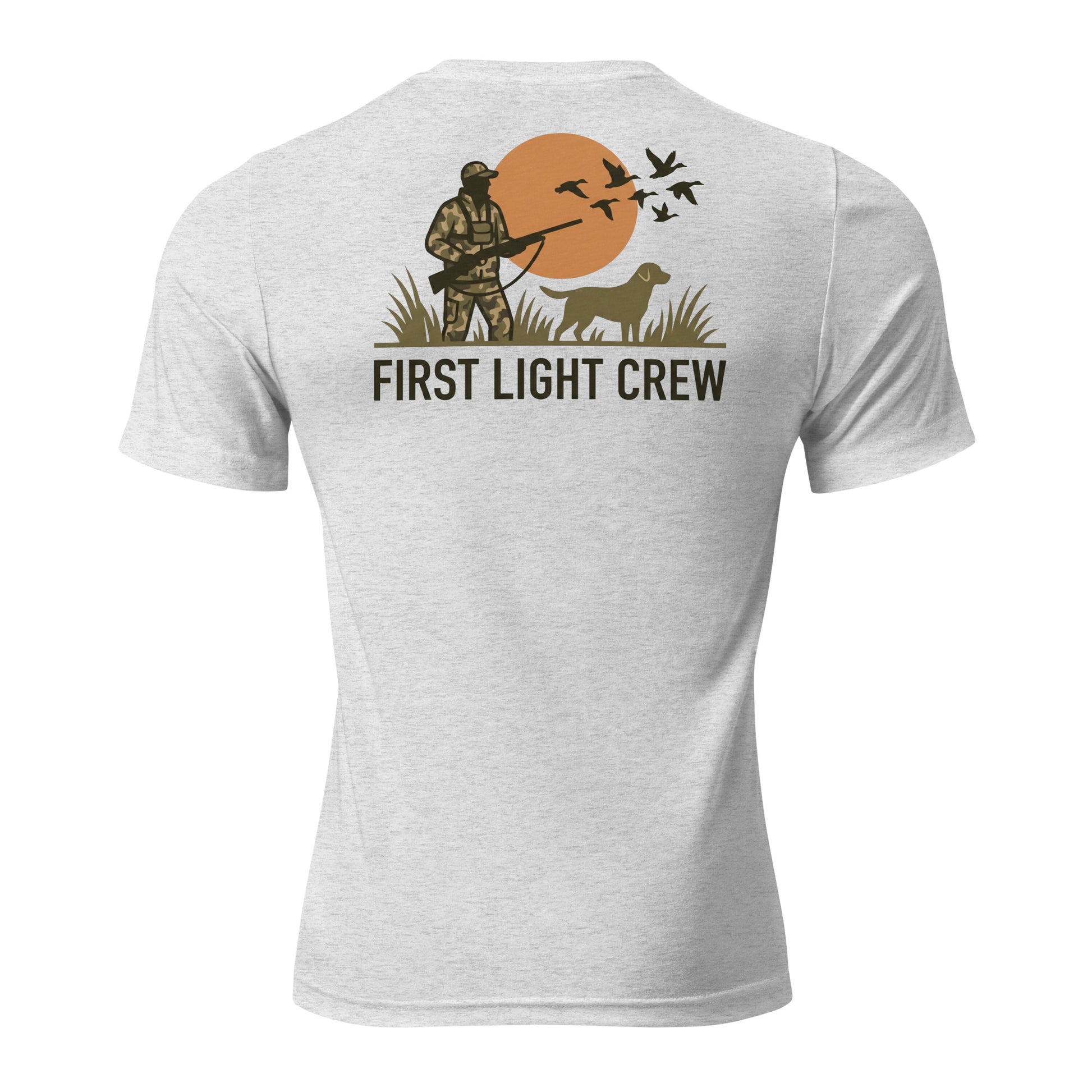 Men's First Light Crew Waterfowl Tee in White Fleck Triblend showing sunrise hunter and retriever artwork
