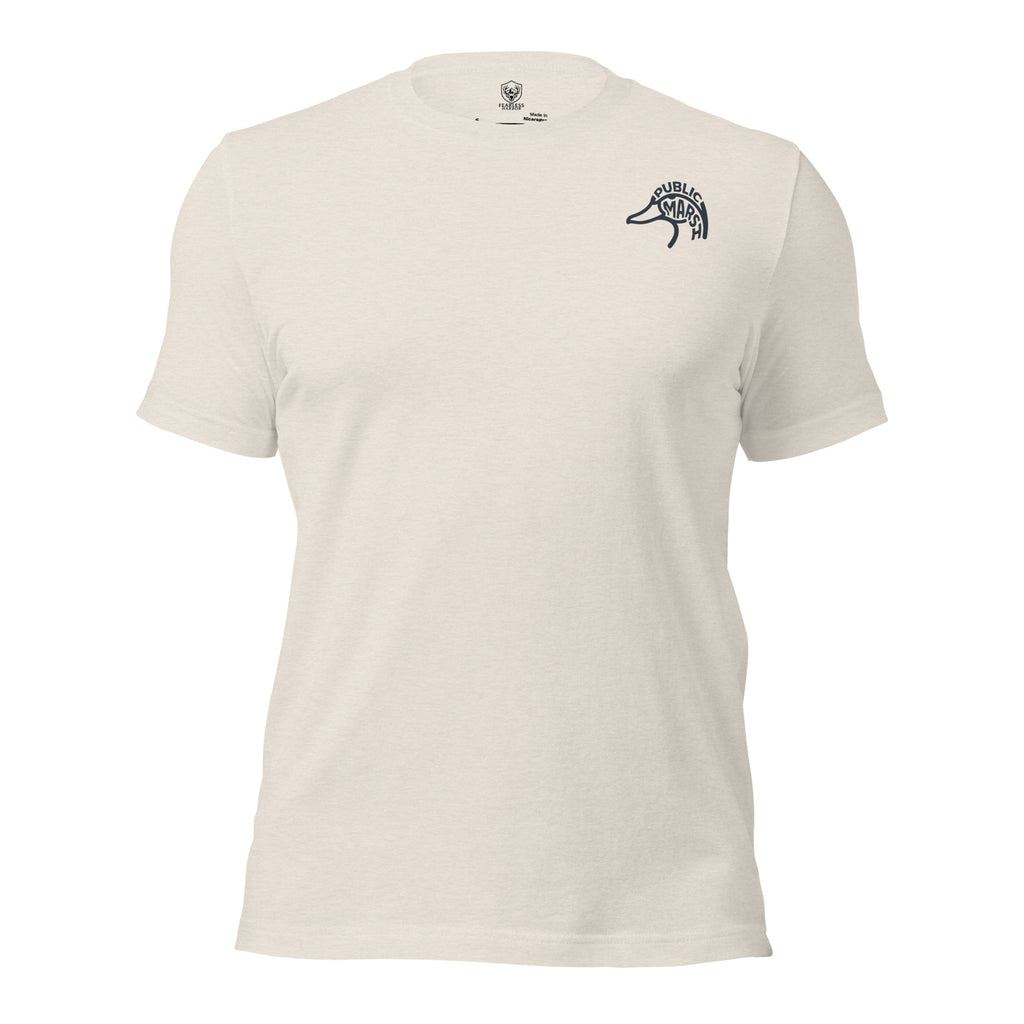 Men's First Light Waterfowl Tee in Heather Dust with Public Marsh emblem on the chest
