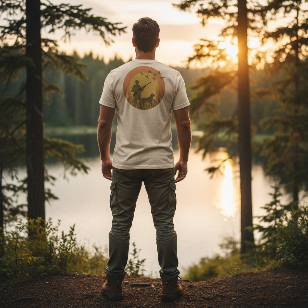 Man outdoors wearing the Men's First Light Waterfowl Tee in Heather Dust showing the sunrise hunter and retriever artwork