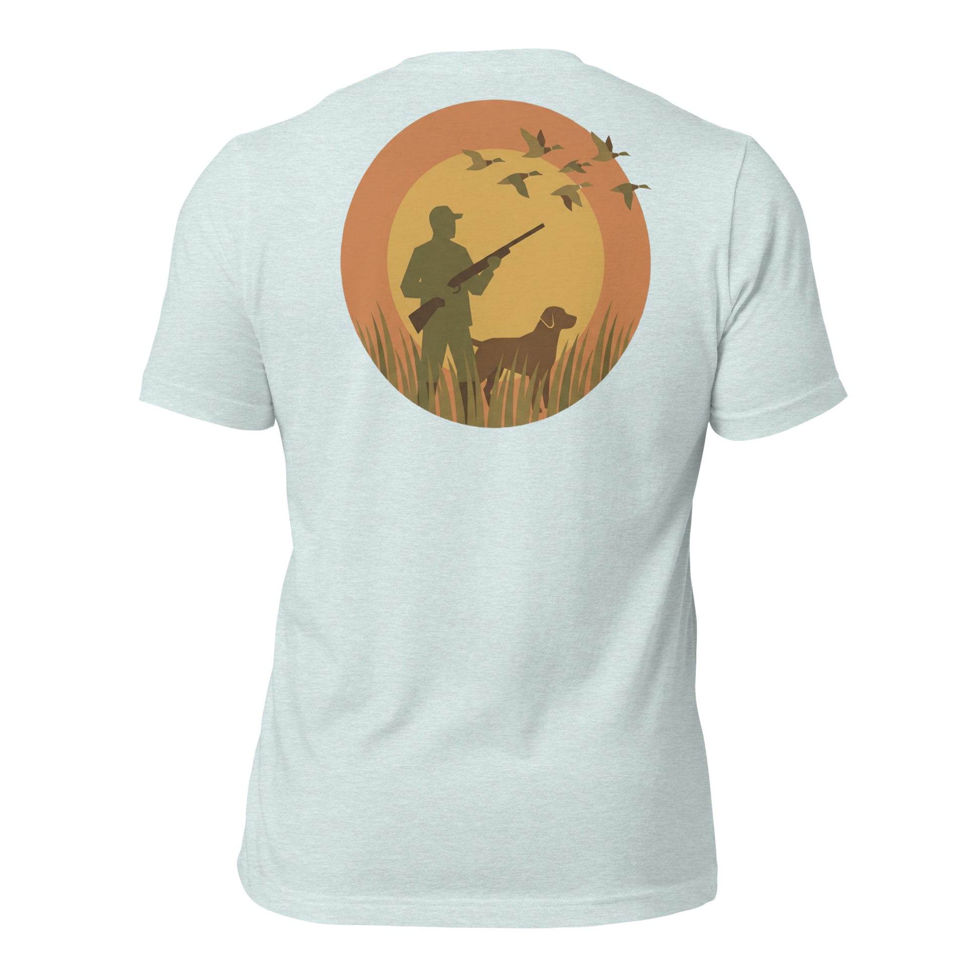 Men's First Light Waterfowl Tee in Heather Prism Ice Blue showing hunter, retriever and ducks at sunrise