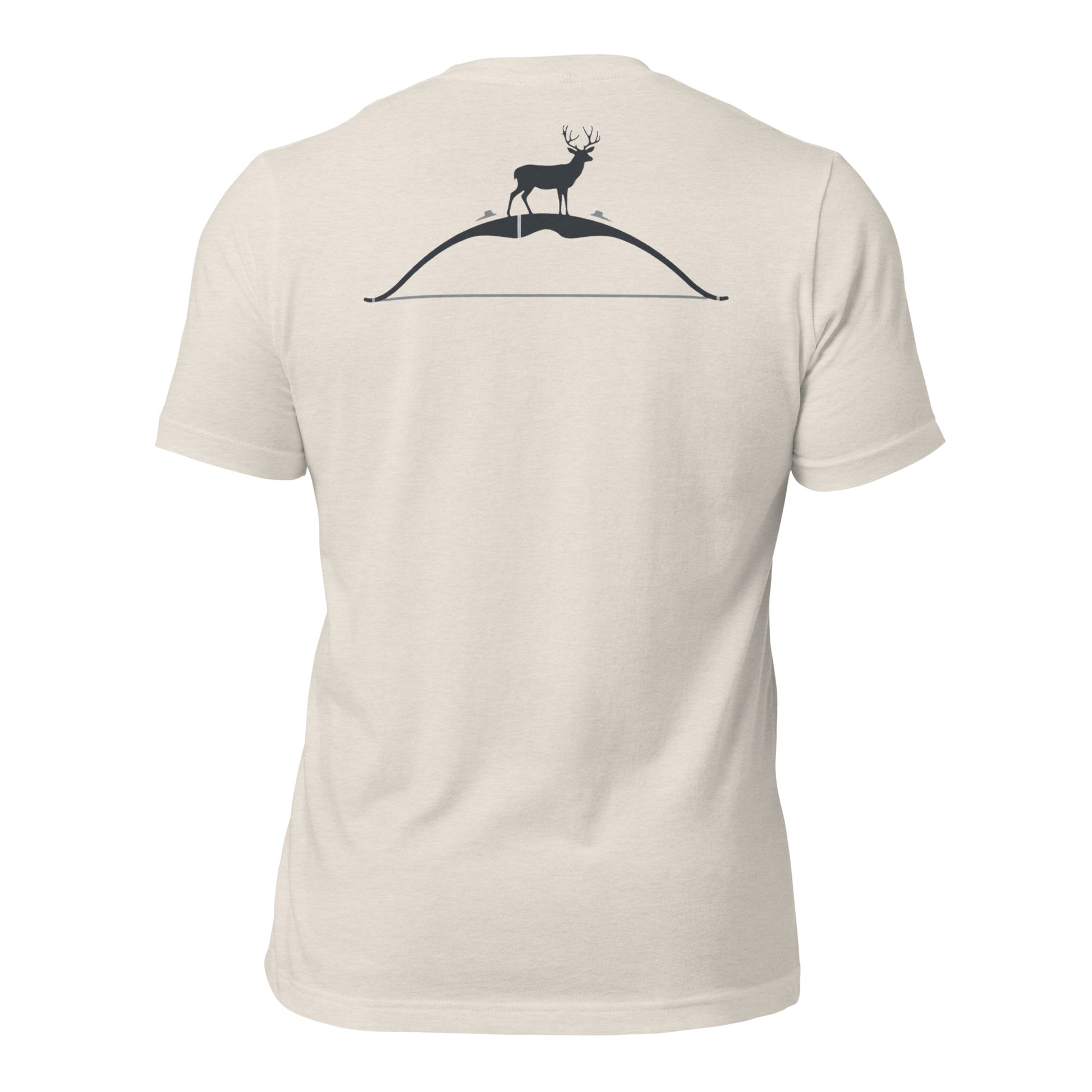 Back view of the Men's High Desert Bowline Mule Deer Tee in Heather Dust with mule deer standing on a bowline shaped high desert ridge