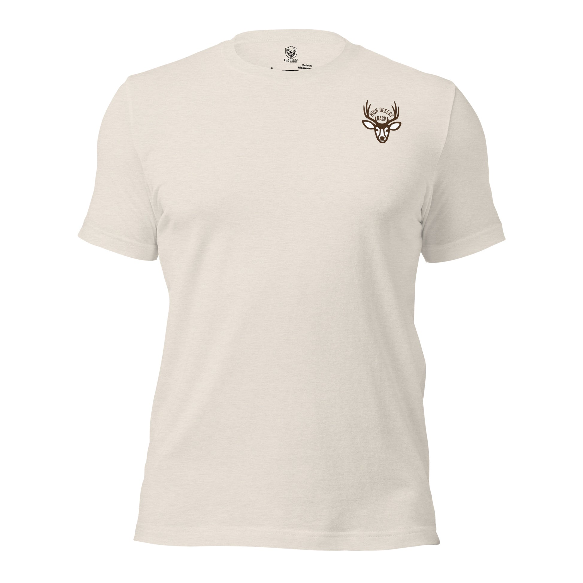 Front view of the Men's High Desert Bowline Mule Deer Tee in Heather Dust featuring the mule deer head chest emblem