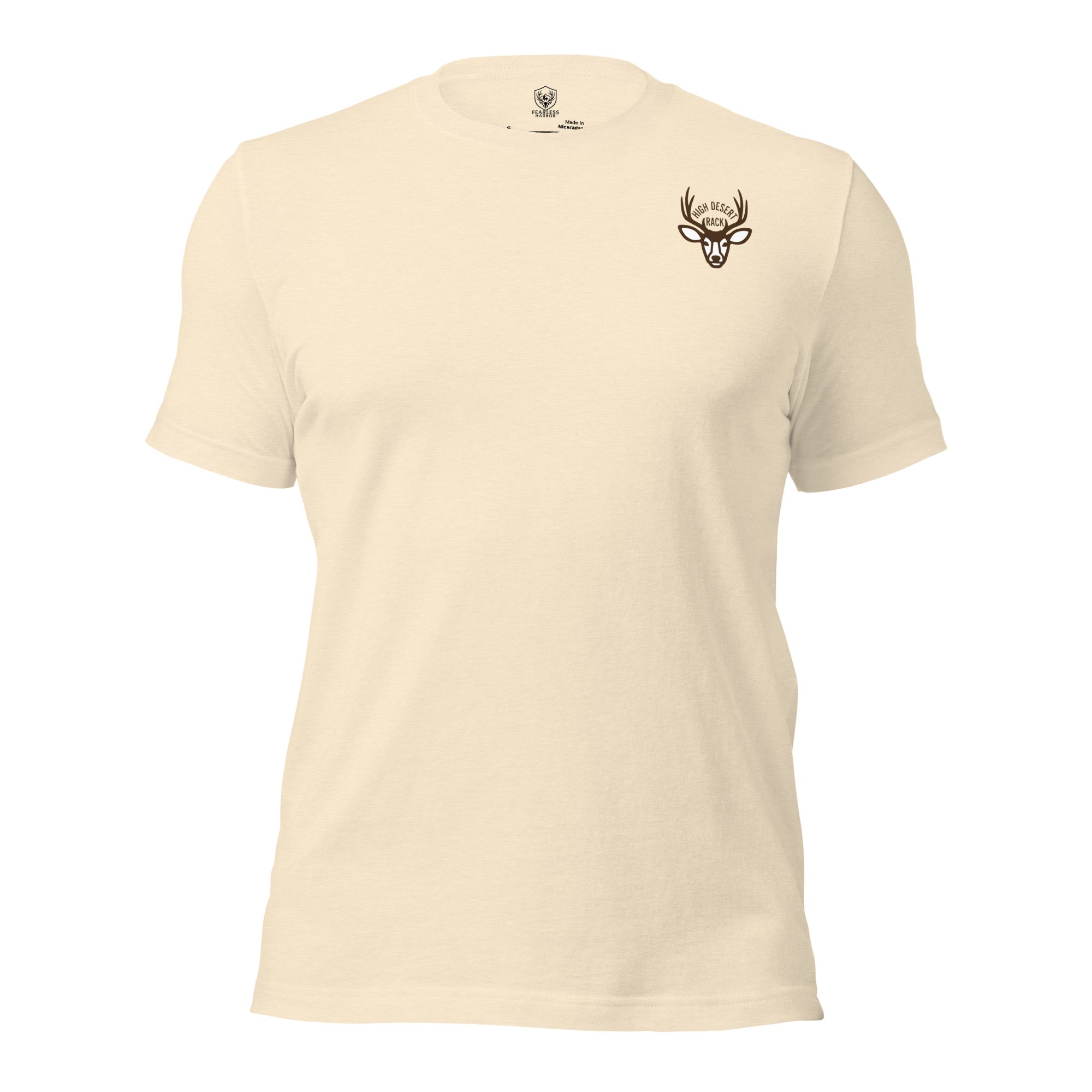 Front view of the Men's High Desert Bowline Mule Deer Tee in Heather Natural with mule deer chest emblem