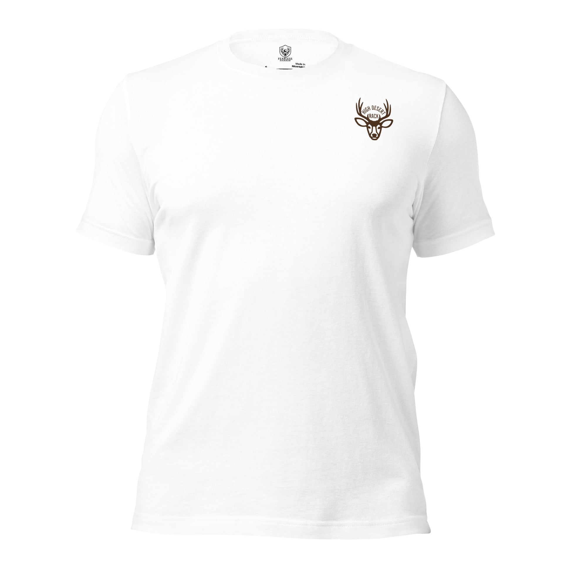 Front view of the Men's High Desert Bowline Mule Deer Tee in White with mule deer head chest emblem