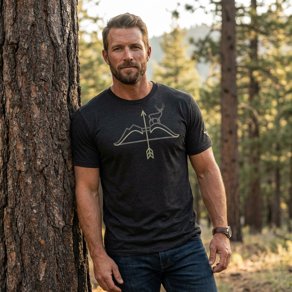 Man outdoors wearing the Men's High Desert Mule Deer Bowline Tee in Black Heather front view showing the mule deer ridge and arrow graphic
