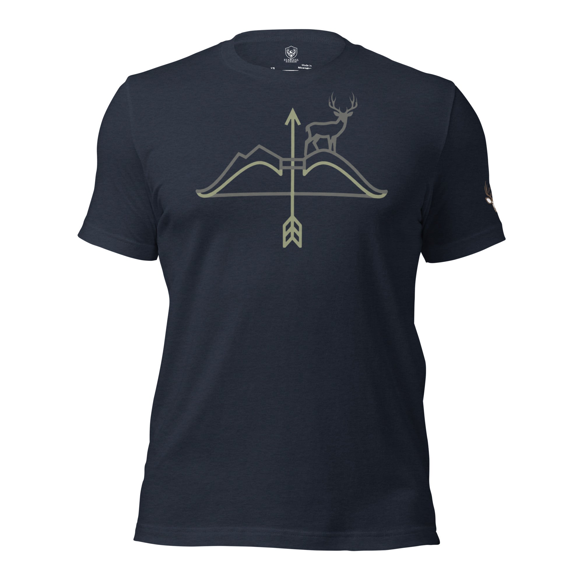 Front view of the Men's High Desert Mule Deer Bowline Tee in Heather Navy featuring mule deer ridge and arrow design