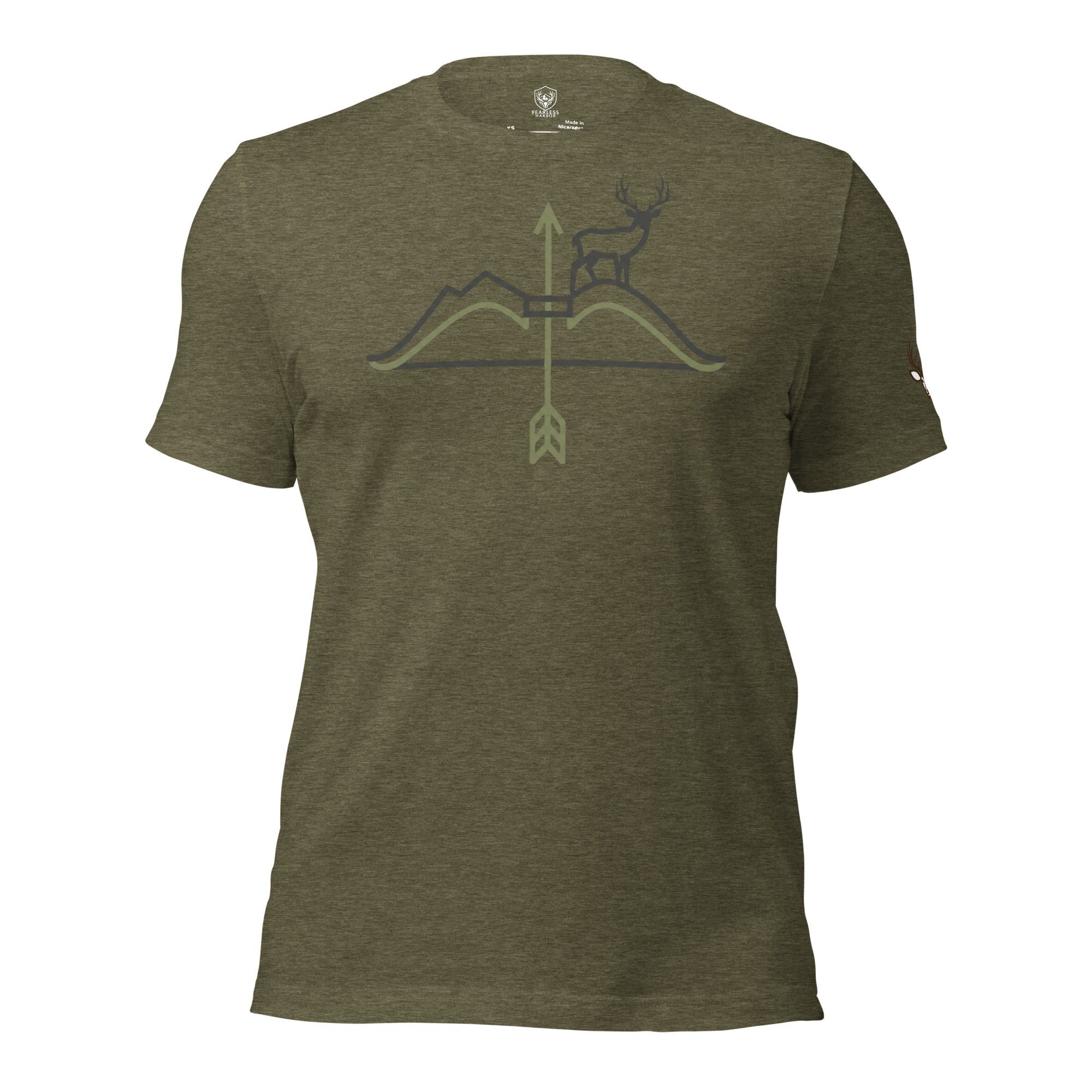 Front view of the Men's High Desert Mule Deer Bowline Tee in Heather Olive showing the mule deer ridge and arrow graphic