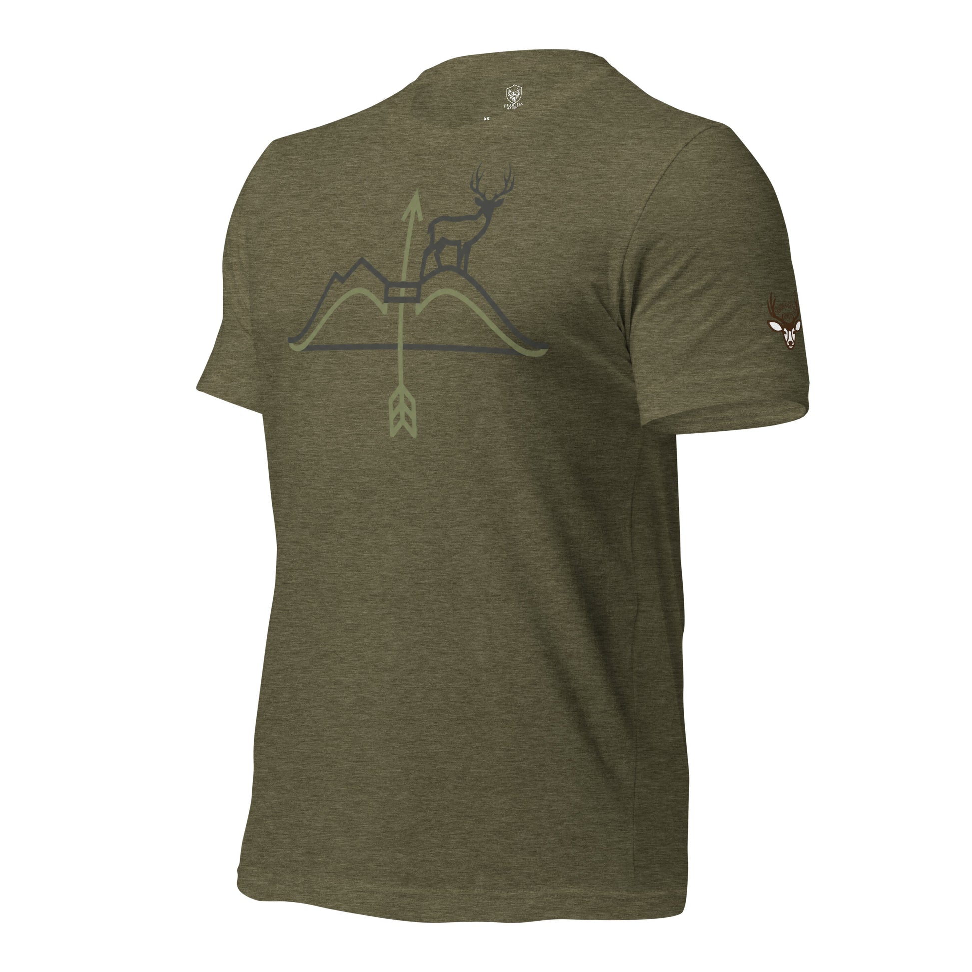 Side view of the Men's High Desert Mule Deer Bowline Tee in Heather Olive featuring the High Desert Rack mule deer sleeve emblem