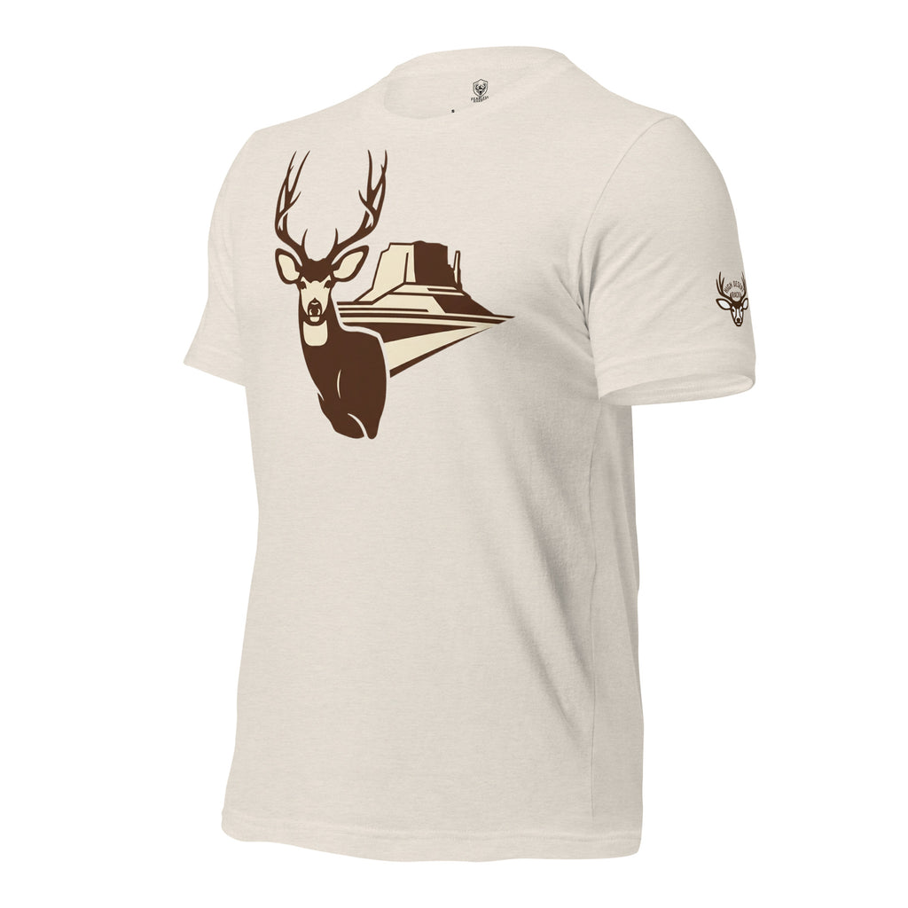 Men's Mesa Mule Deer Tee in Heather Dust with the High Desert Rack mule deer emblem on the left front sleeve