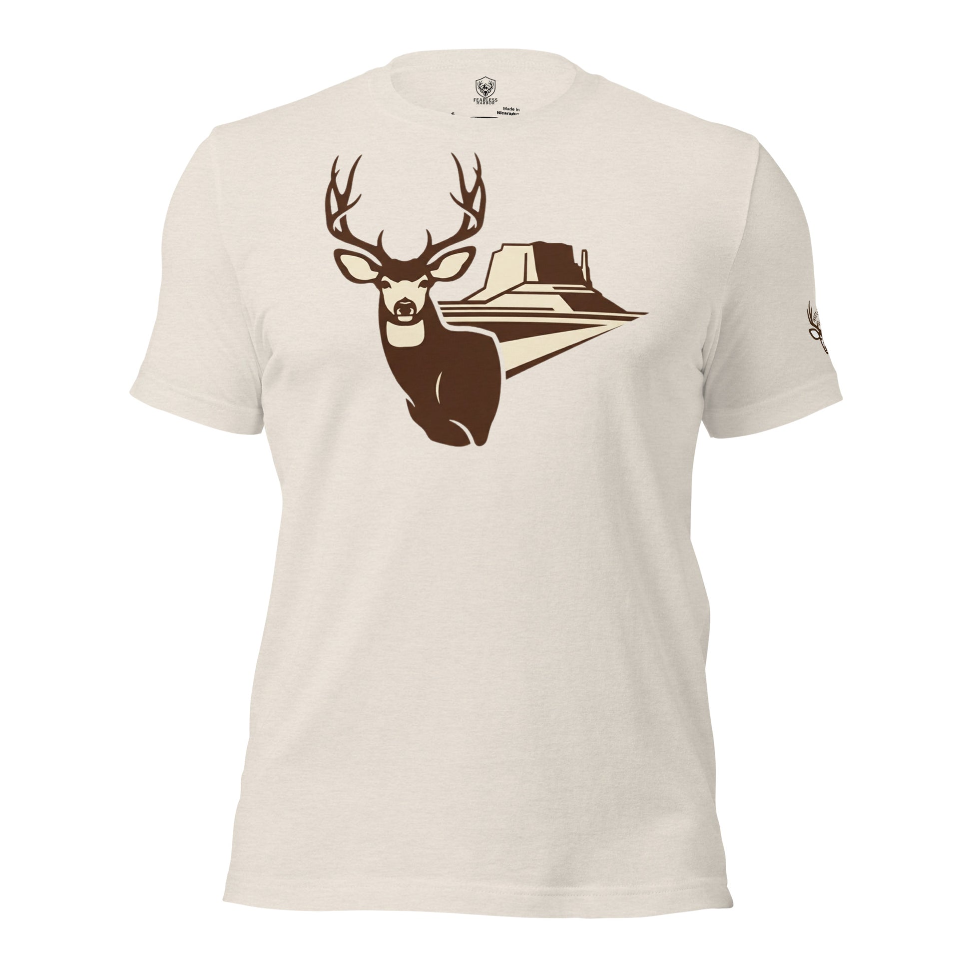 Men's Mesa Mule Deer Tee in Heather Dust featuring a mule deer buck with mesa country graphic