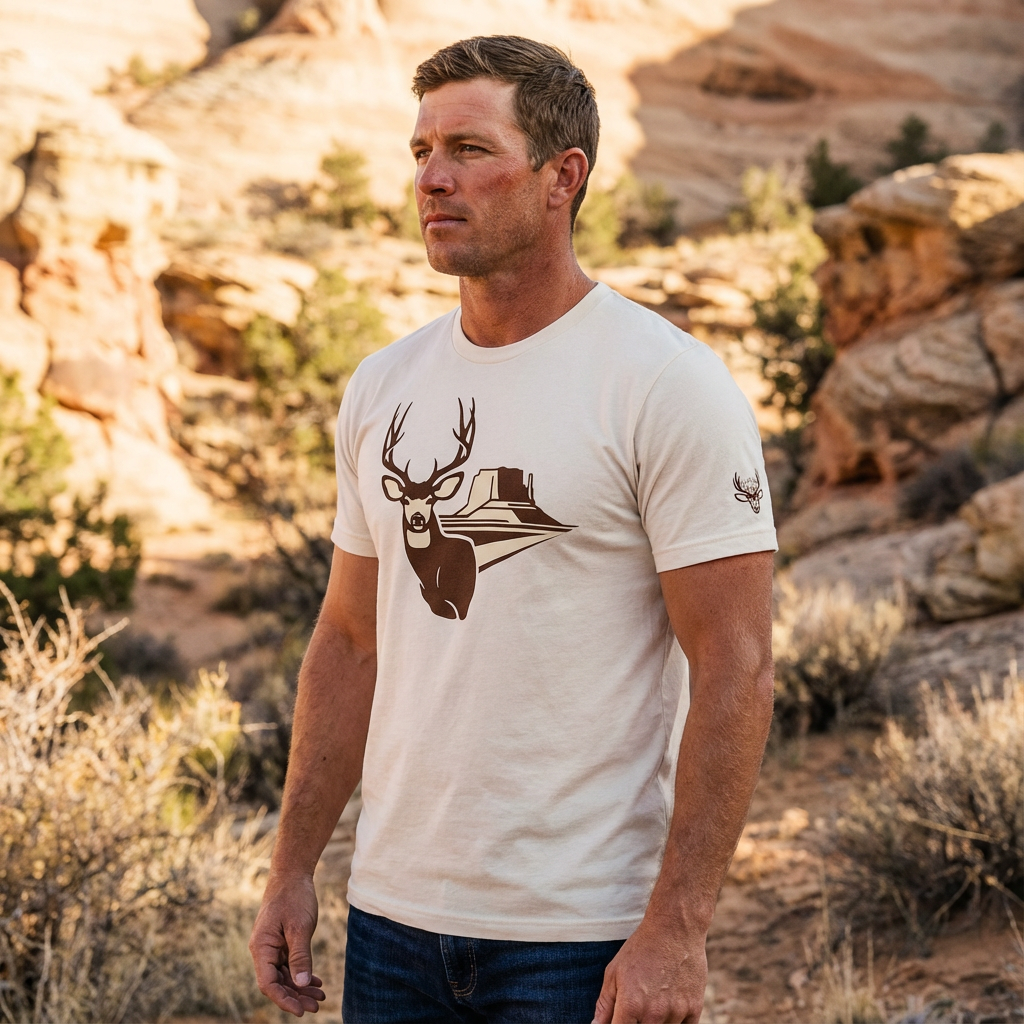 Man outdoors wearing the Men's Mesa Mule Deer Tee in Heather Dust with the High Desert Rack mule deer emblem on the left sleeve