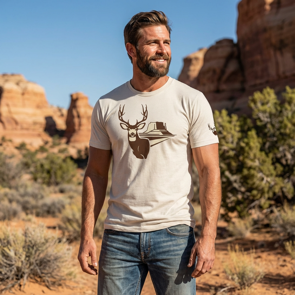 Man outdoors wearing the Men's Mesa Mule Deer Tee in Heather Dust front view showing the mule deer and mesa country artwork