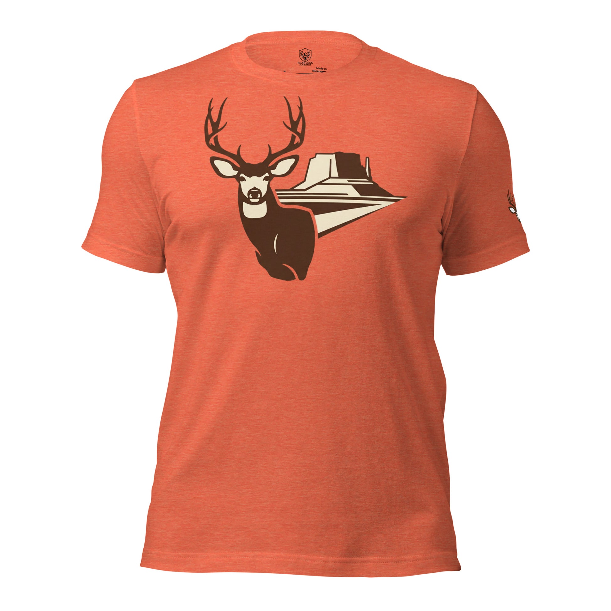 Men's Mesa Mule Deer Tee in Heather Orange showing mule deer buck with mesa backdrop