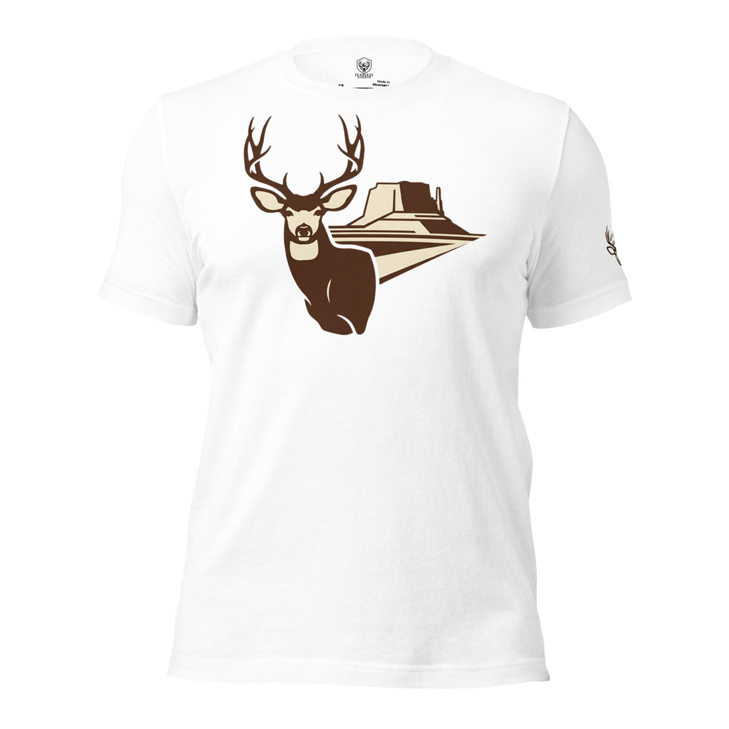 Men's Mesa Mule Deer Tee in White showing mule deer buck with mesa landscape artwork
