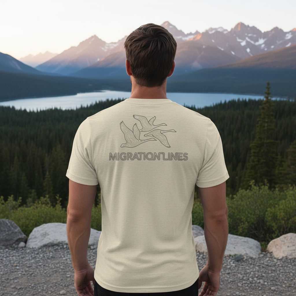 Man outdoors wearing the Men's Migration Lines Goose Tee in Oatmeal Triblend showing migrating geese line-art graphic on the back