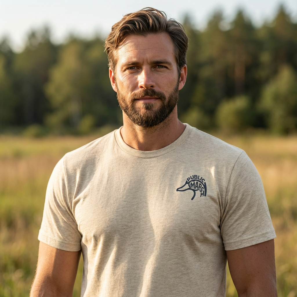 Man outdoors wearing the Men's Migration Lines Goose Tee in Oatmeal Triblend front view with Public Marsh emblem
