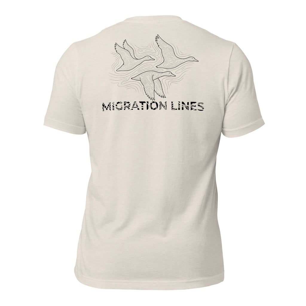 Men's Migration Lines Waterfowl Tee in Heather Dust showing migrating ducks in flowing line-art design with Migration Lines text