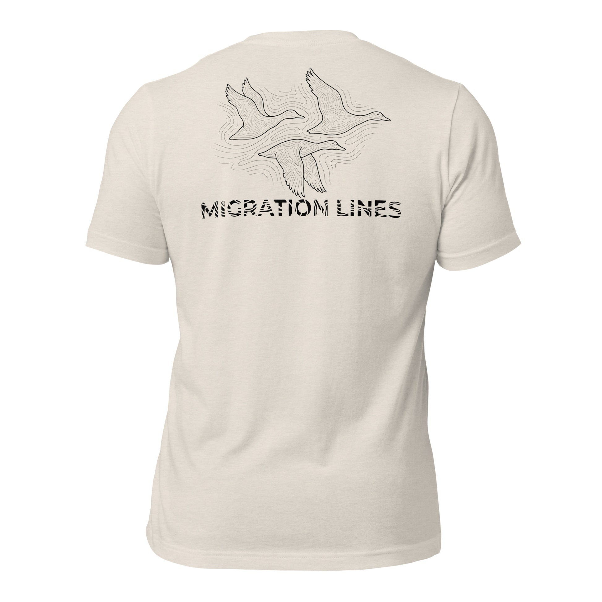 Men's Migration Lines Waterfowl Tee in Heather Dust showing migrating ducks in flowing line-art design with Migration Lines text
