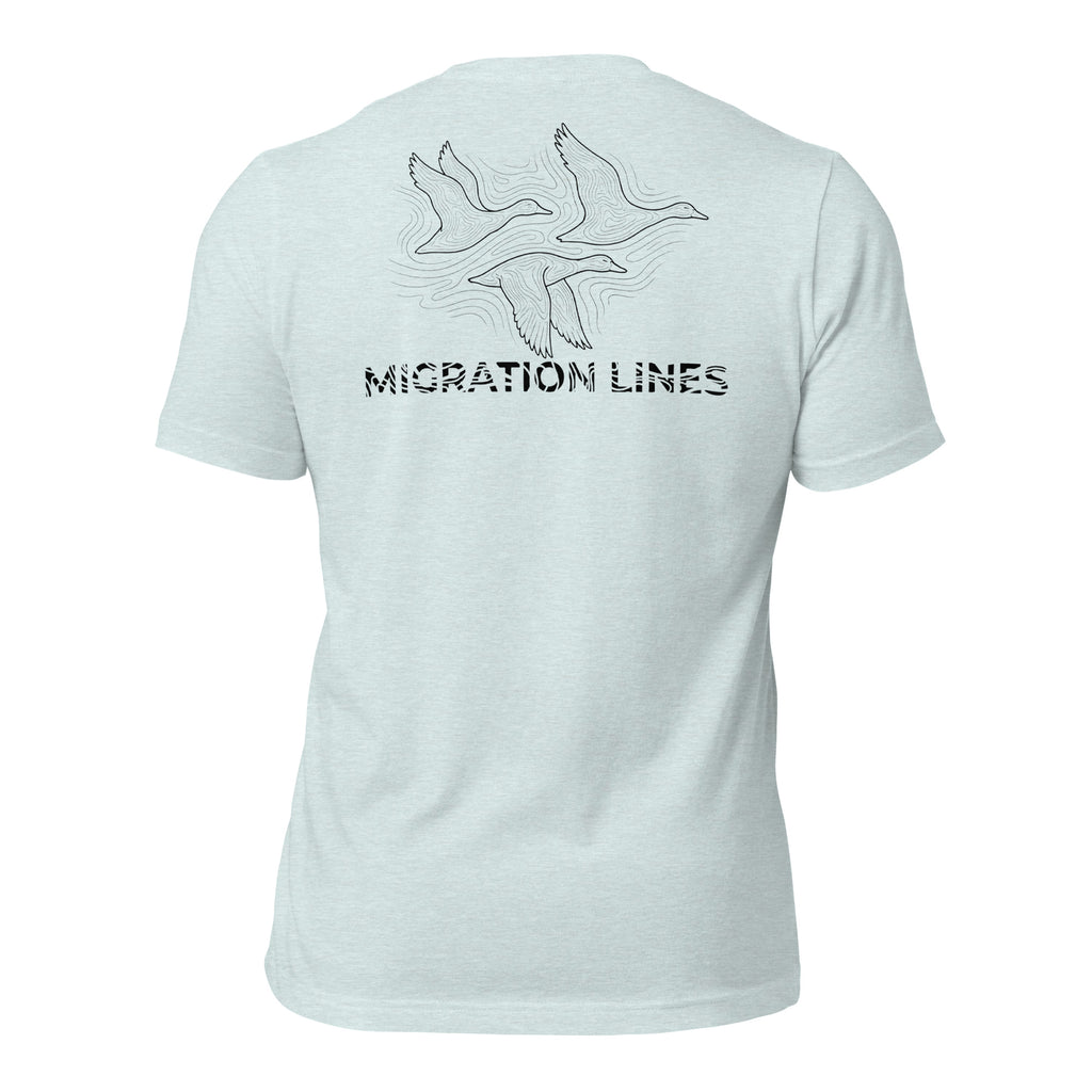 Men's Migration Lines Waterfowl Tee in Heather Prism Ice Blue showing outlined migrating ducks and Migration Lines graphic