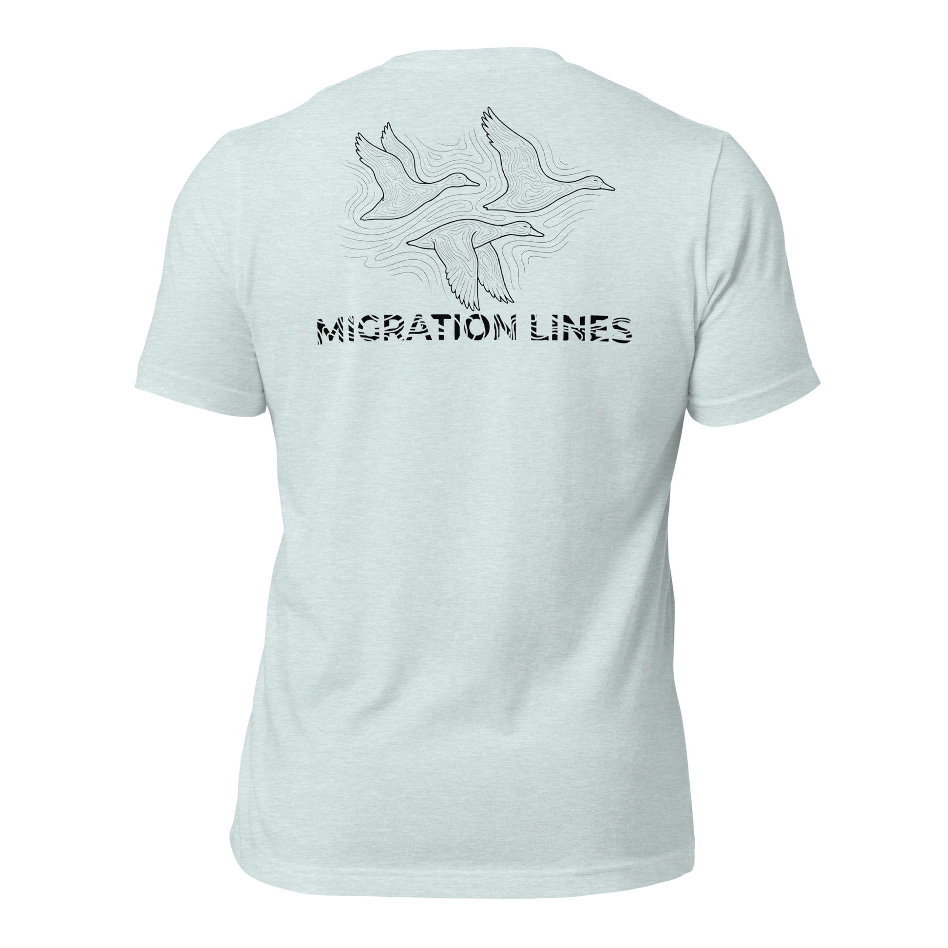 Men's Migration Lines Waterfowl Tee in Heather Prism Ice Blue showing outlined migrating ducks and Migration Lines graphic