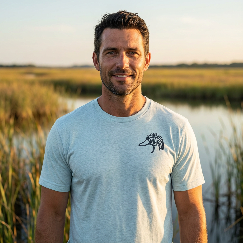 Man outdoors wearing the Men's Migration Lines Waterfowl Tee in Heather Prism Ice Blue front view with Public Marsh emblem