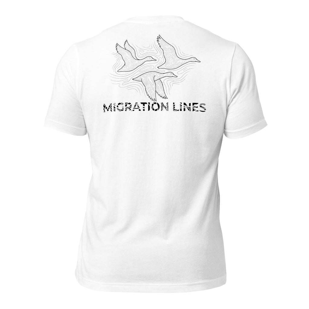 Men's Migration Lines Waterfowl Tee in White with migrating ducks line-art design and Migration Lines text