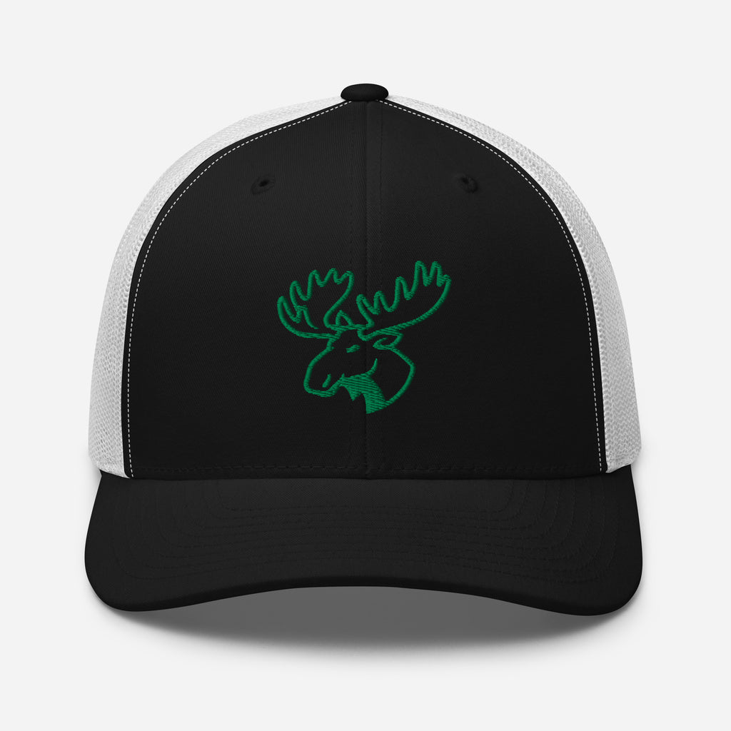Mens black white moose hunting trucker hat with green embroidered moose outline on the front