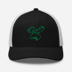 Mens black white moose hunting trucker hat with green embroidered moose outline on the front