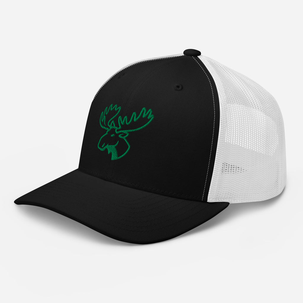 Mens black white moose hunting snapback trucker hat showing mesh side panel and adjustable closure